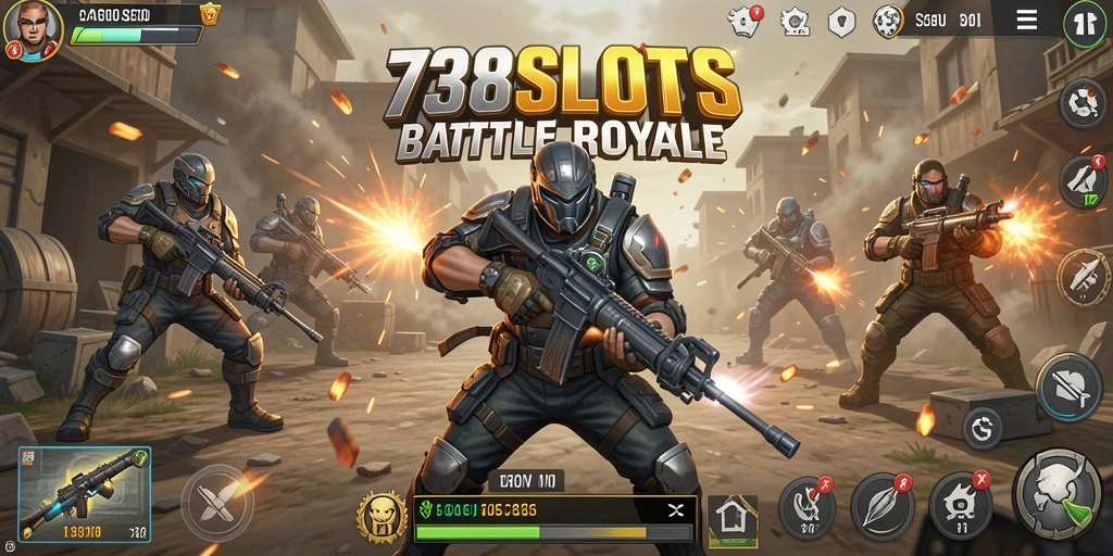 Screenshot gameplay 738SLOTS menampilkan aksi seru di arena Battle Royale.