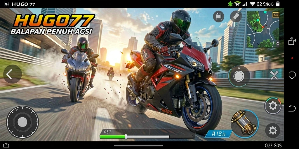 Screenshot HUGO77 menunjukkan gameplay balapan motor yang mendebarkan.