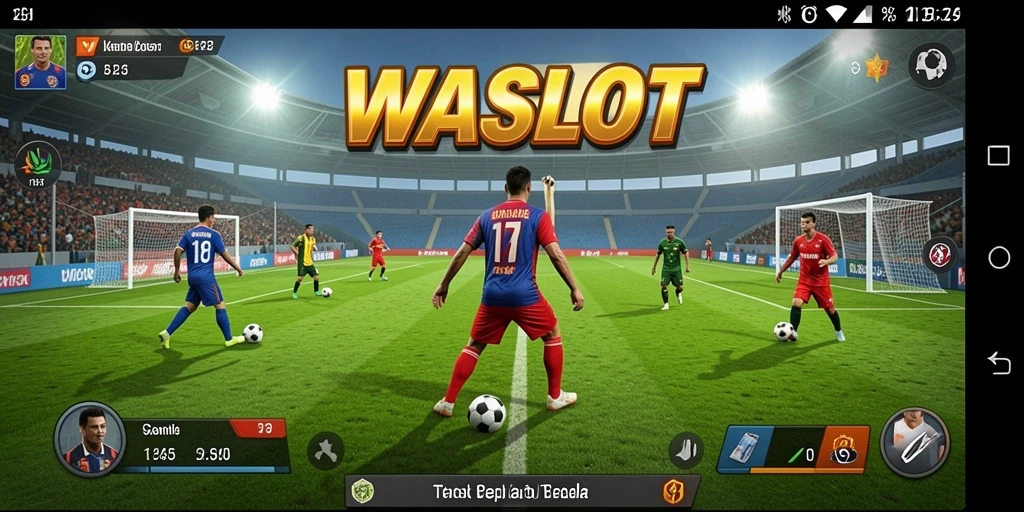 Screenshot permainan menunjukkan aksi seru di lapangan sepak bola.